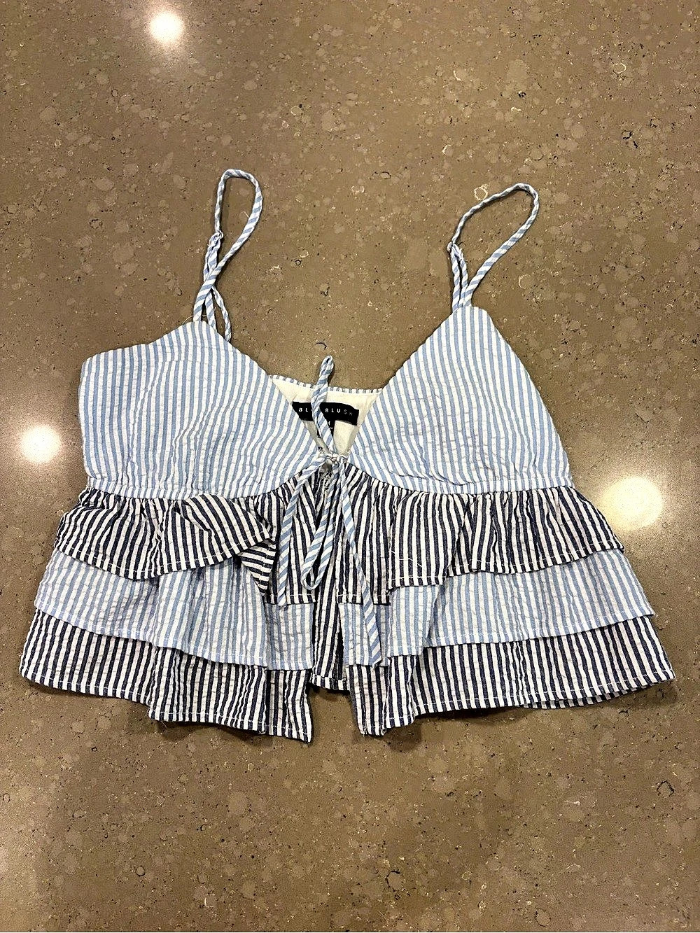 Blue Blush Blue & White Striped Ruffle Crop Top